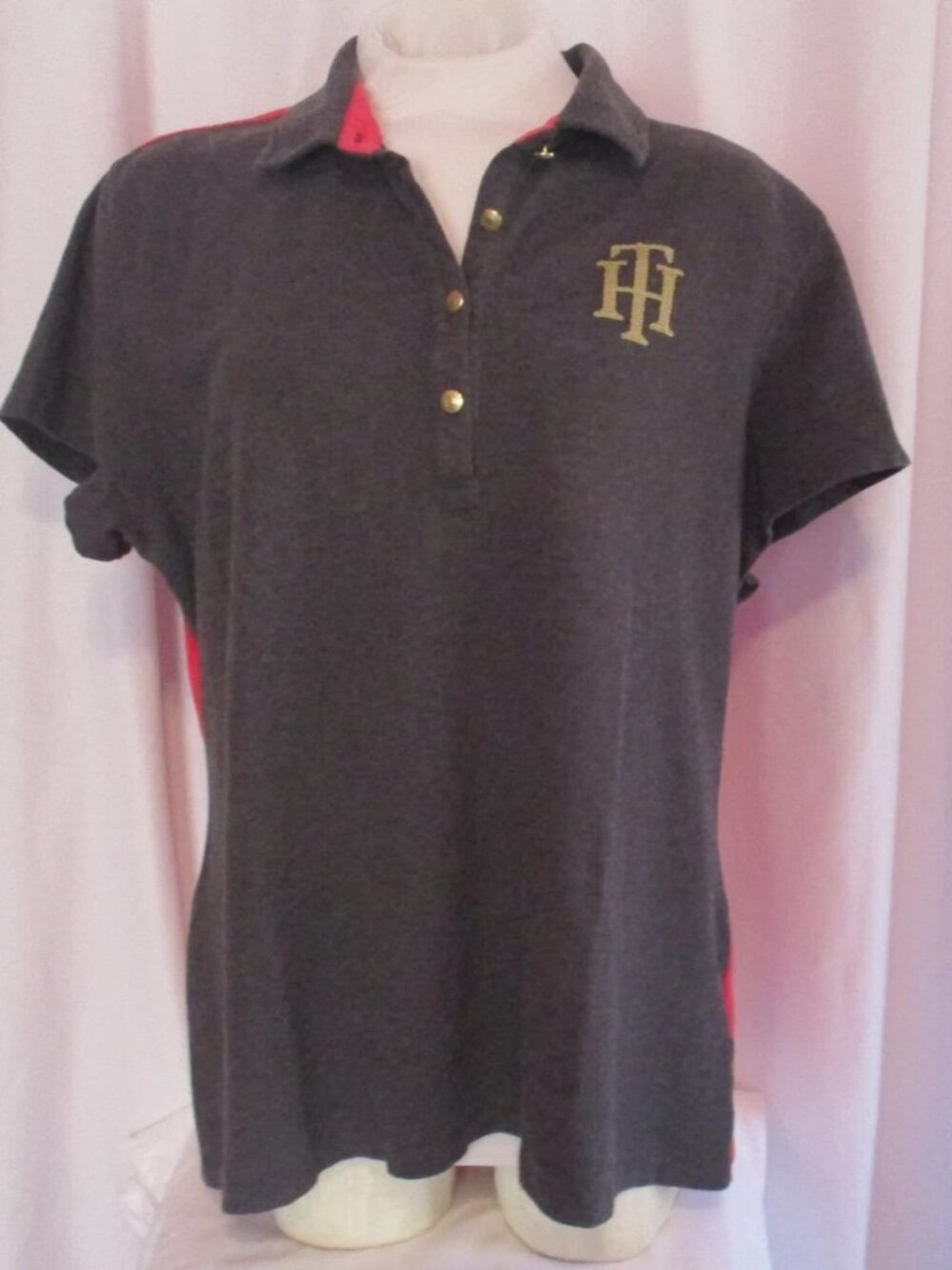 Tommy Hilfiger Polo 2XL Gray Red Colorblock TH Logo Short Sleeve Casual